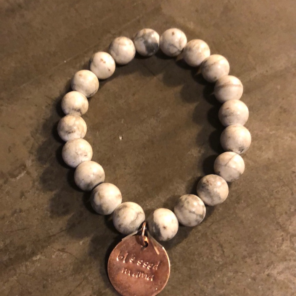“Blessed Mama” Grey & White Howlite Stone Bracelet